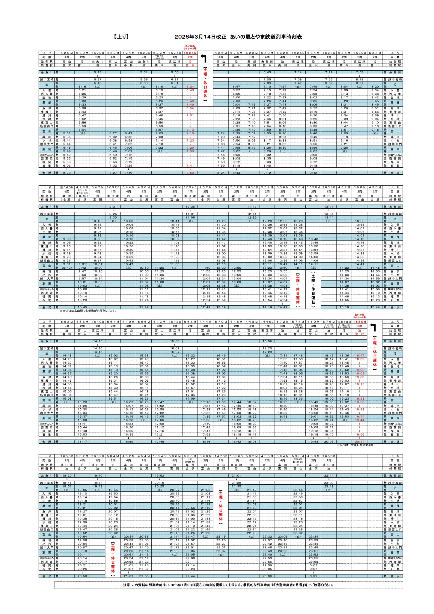 2026年あいの風とやま鉄道列車時刻表（上り）
