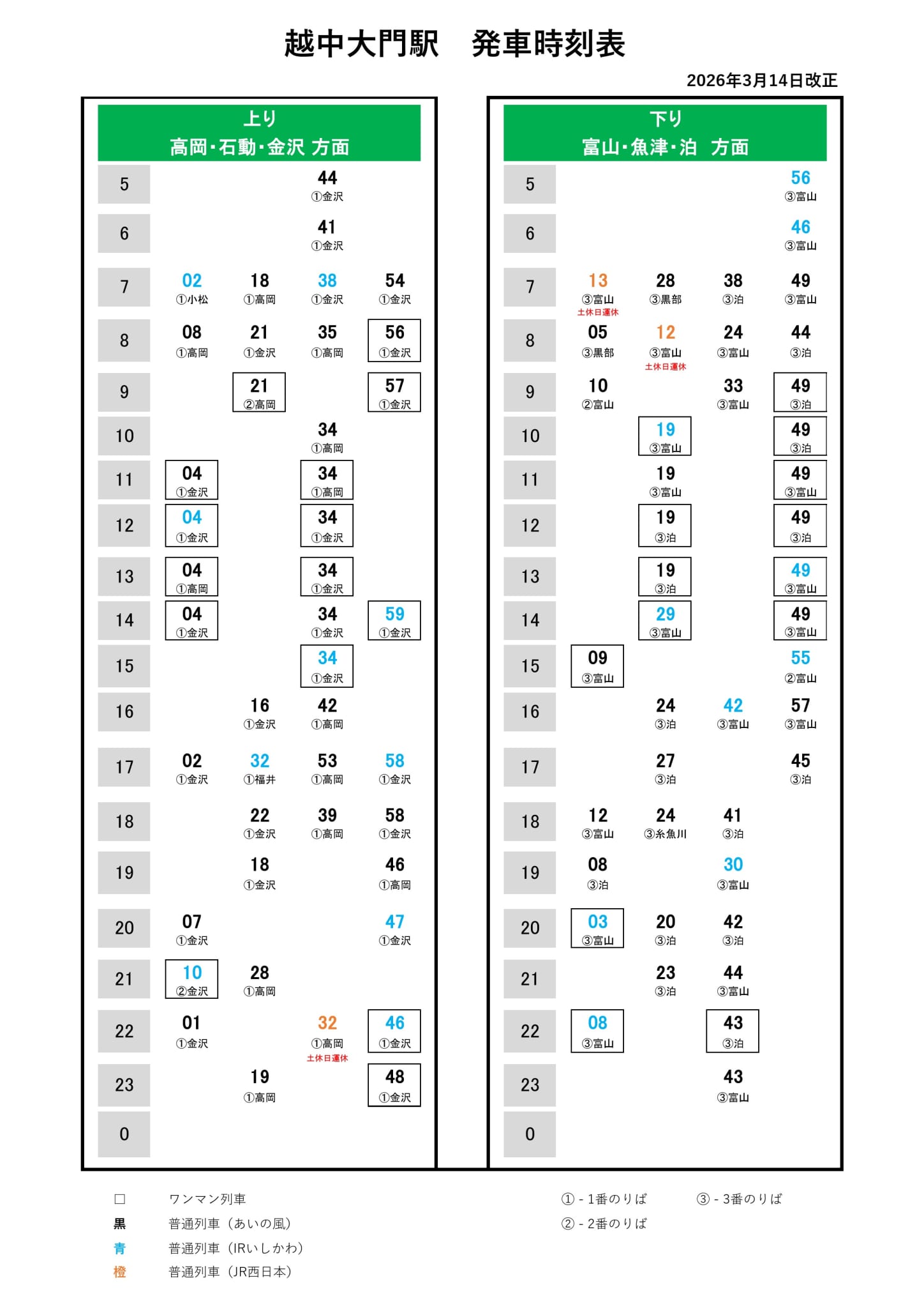 20260314_越中大門駅（発車時刻表）