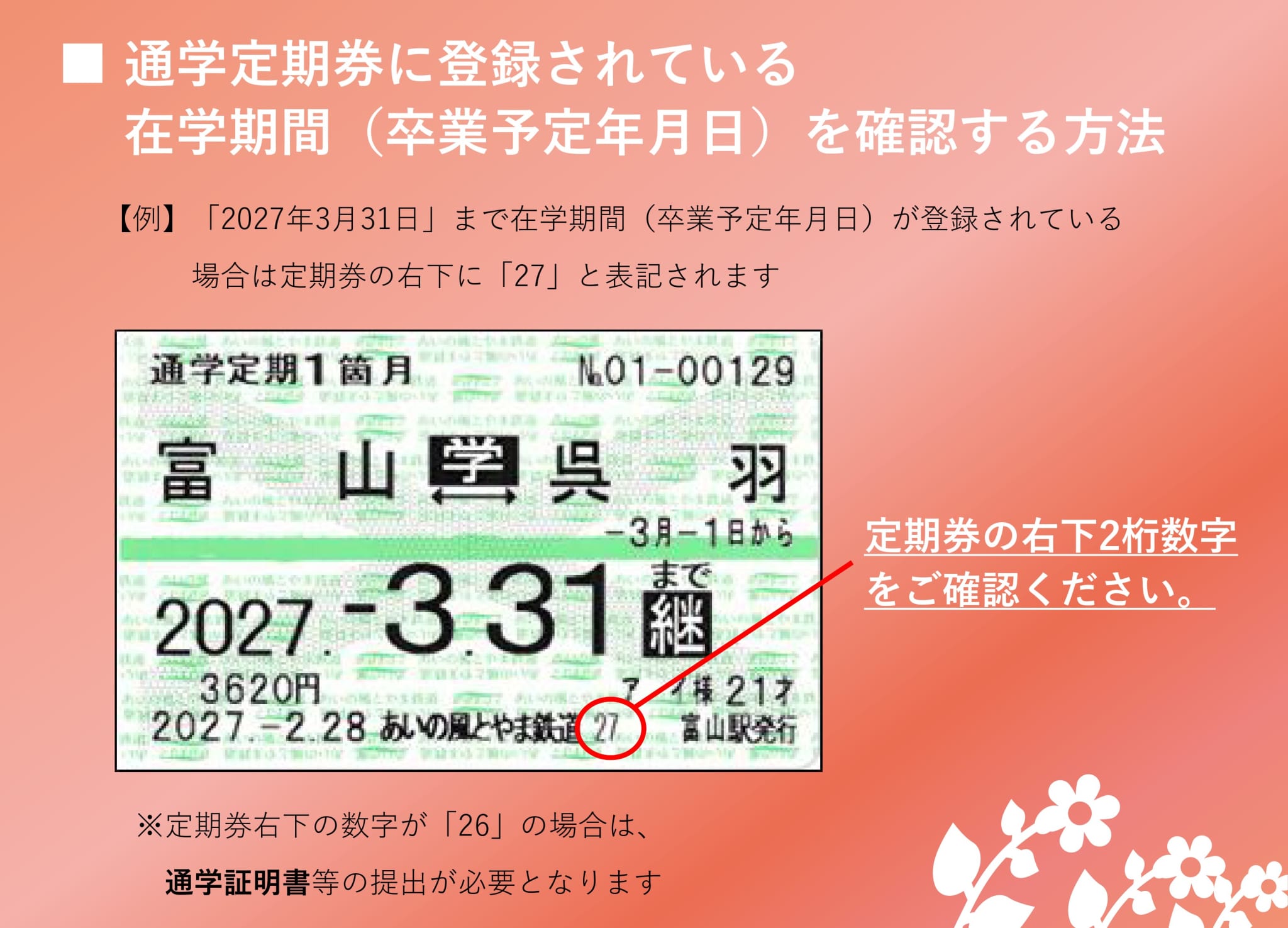 通学定期券の卒業予定年月日を確認する方法